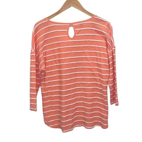 Talbots T by Talbots Scalloped Striped Long Sleeve Top Coral White Size Large - Picture 3 of 7